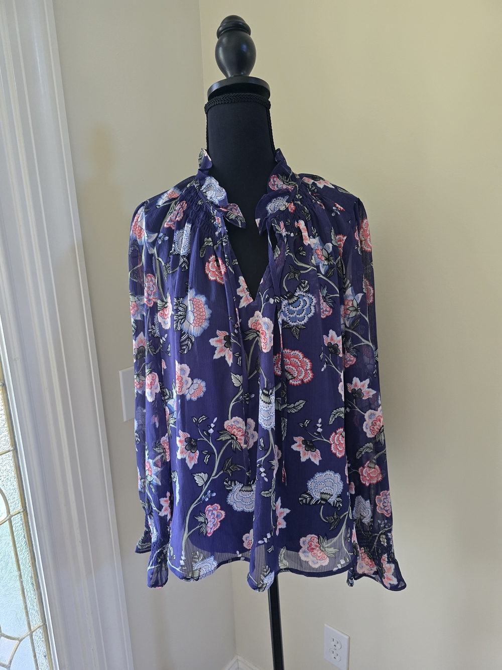LOFT Navy Floral Tie-Neck Blouse Cardigan Set